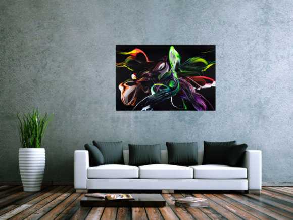 Abstraktes Original Gemälde 80x120cm Minimalistisch zeitgenössisch handgemalt Action Painting schwarz bunt hellgrün einzigartig