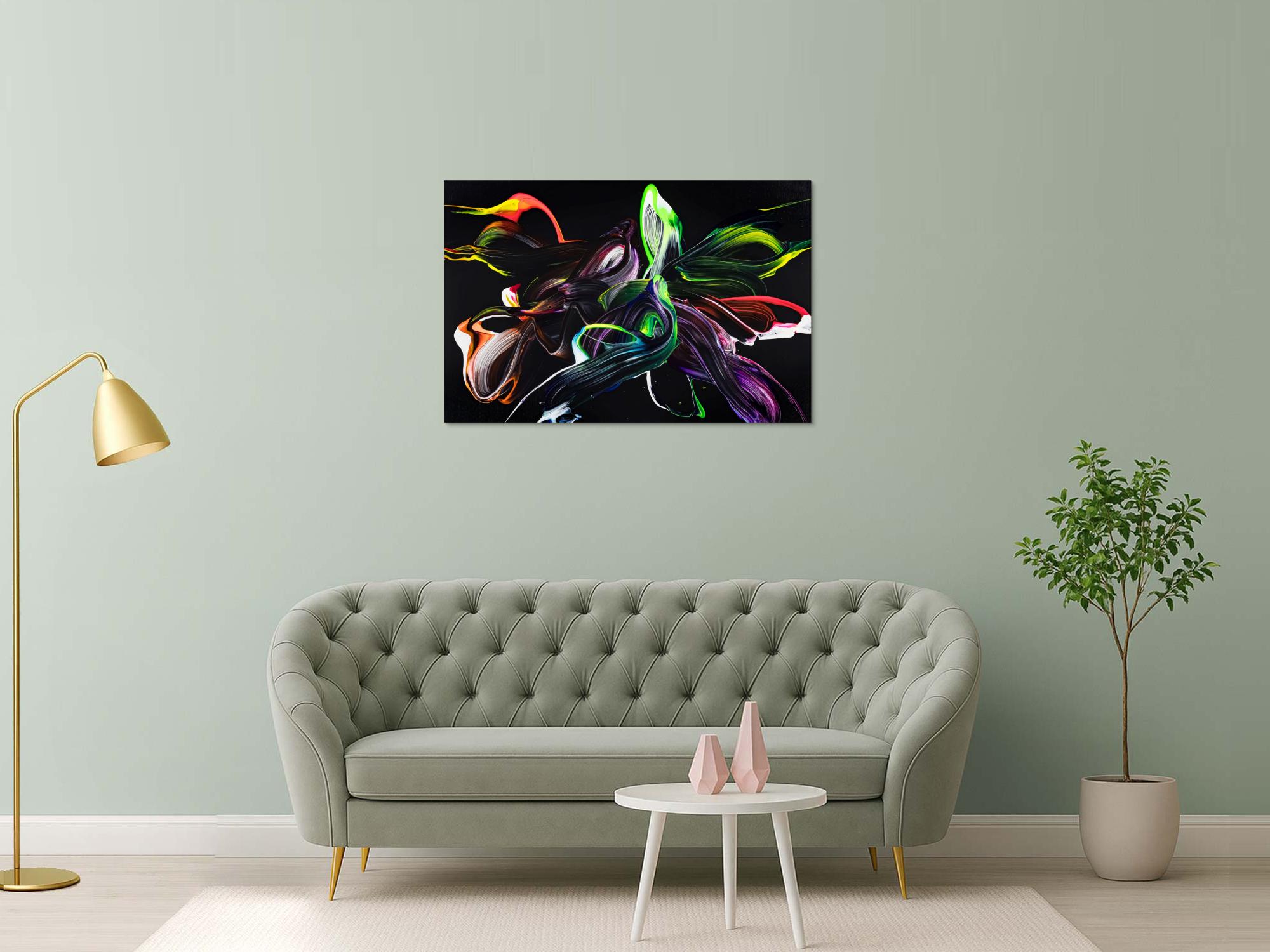 Abstraktes Original Gemälde 80x120cm Minimalistisch zeitgenössisch handgemalt Action Painting schwarz bunt hellgrün einzigartig