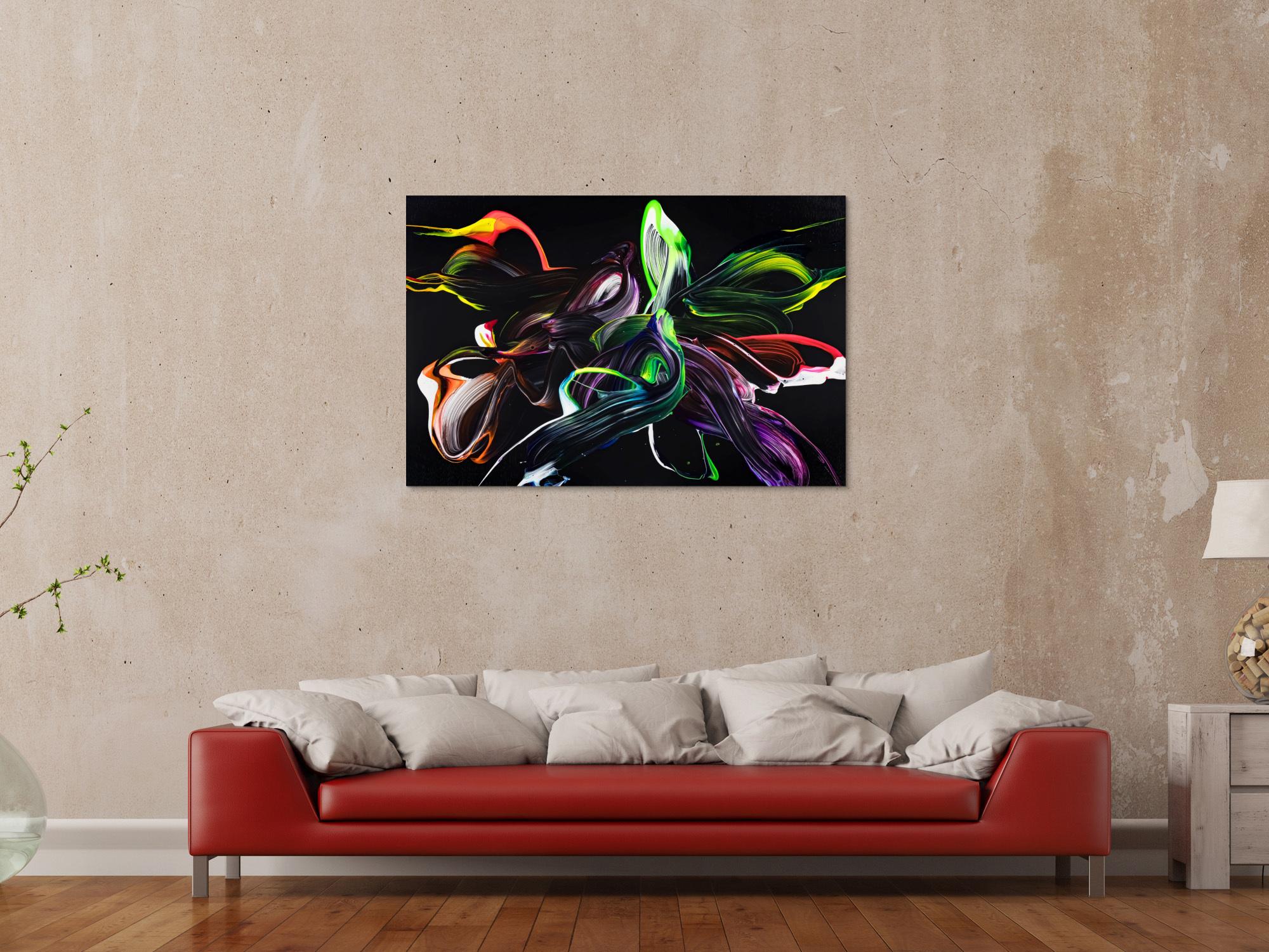 Abstraktes Original Gemälde 80x120cm Minimalistisch zeitgenössisch handgemalt Action Painting schwarz bunt hellgrün einzigartig