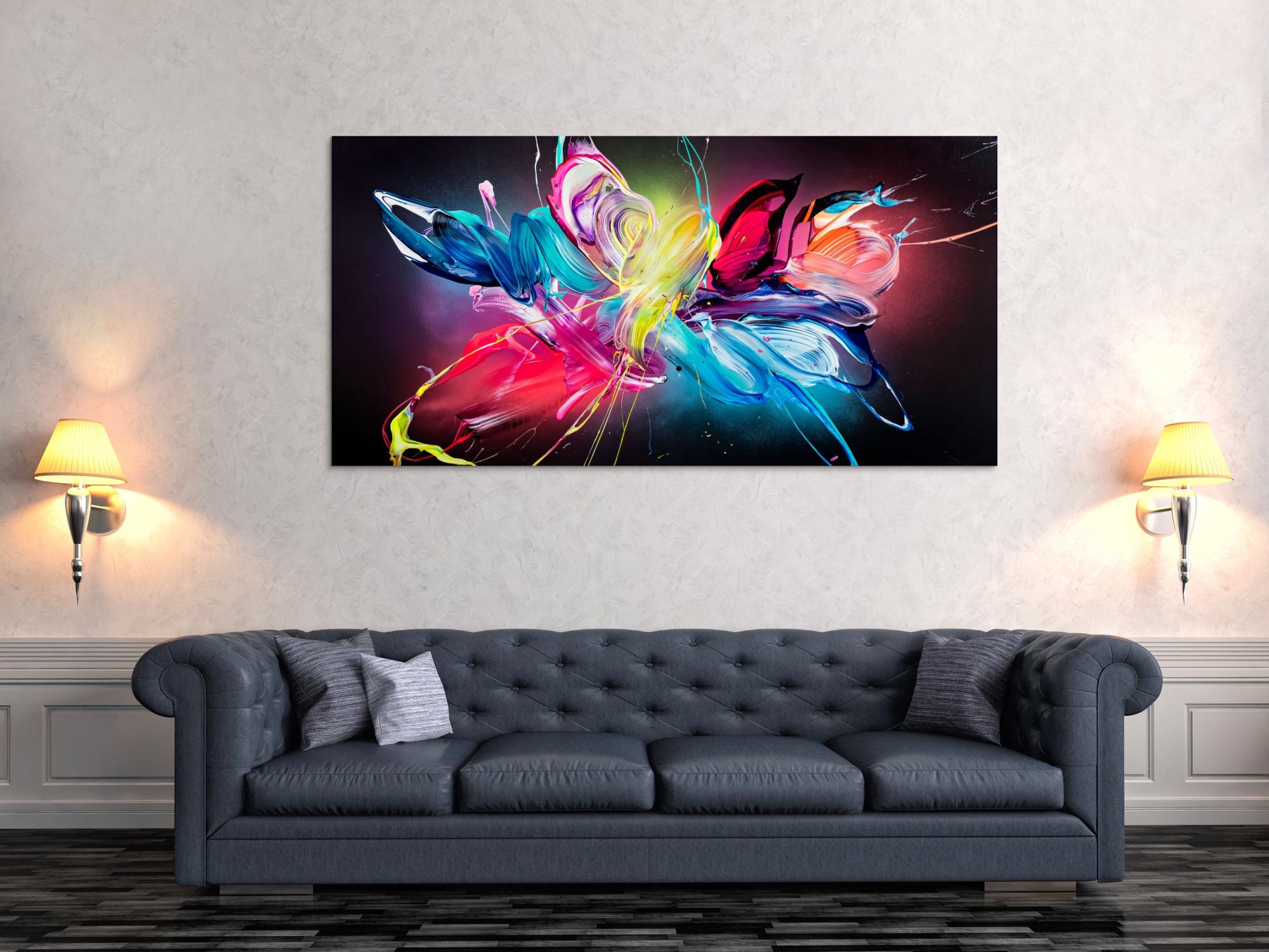 Gemälde Original abstrakt 90x180cm Action Painting Modern Art auf Leinwand Mischtechnik schwarz bunt pink hochwertig