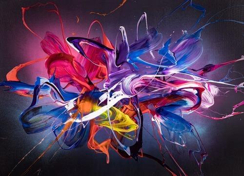Abstraktes Original Gemälde 130x180cm Action Painting Modern Art handgemalt Mischtechnik schwarz NEON bunt blau