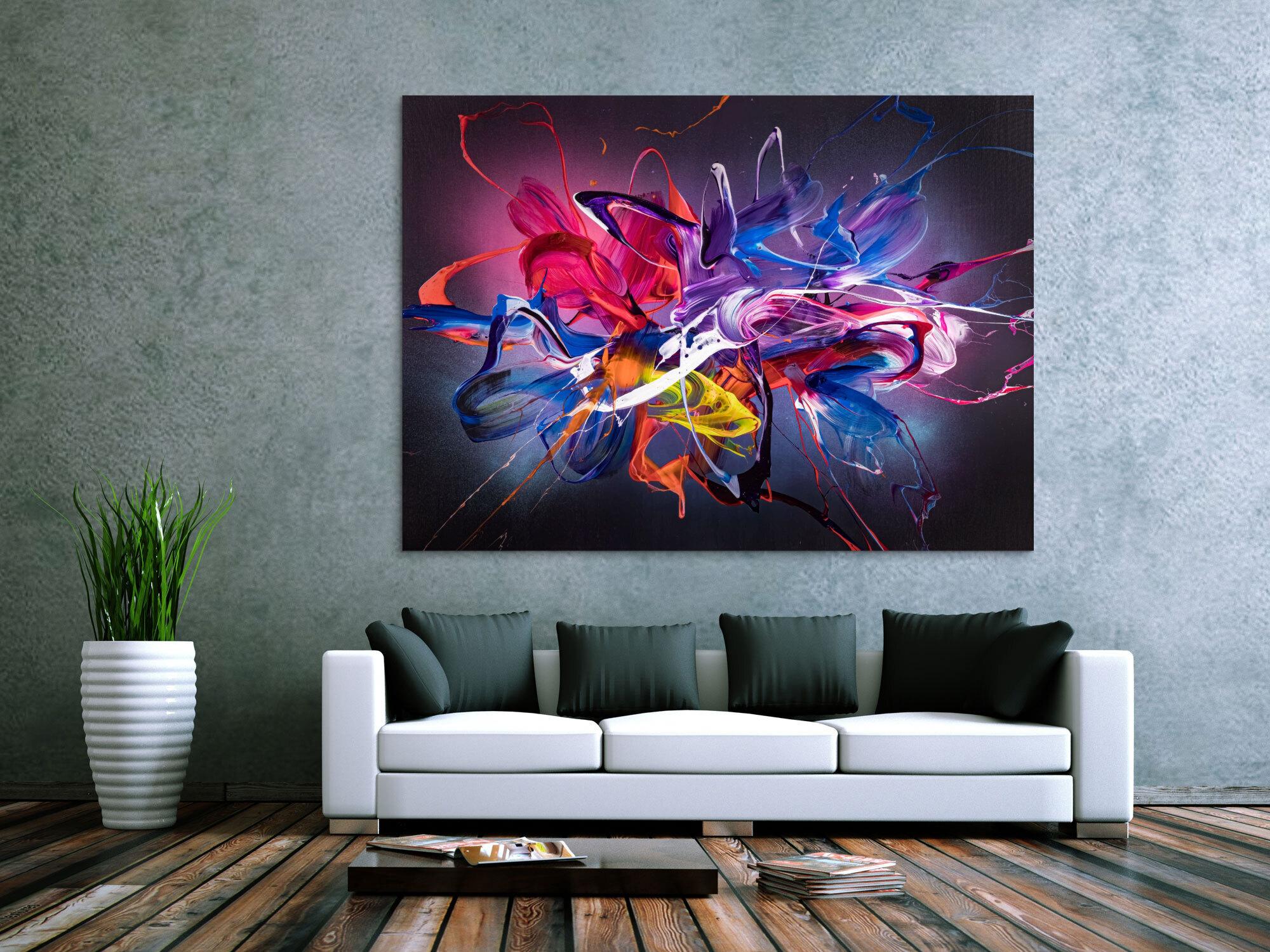 Abstraktes Original Gemälde 130x180cm Action Painting Modern Art handgemalt Mischtechnik schwarz NEON bunt blau