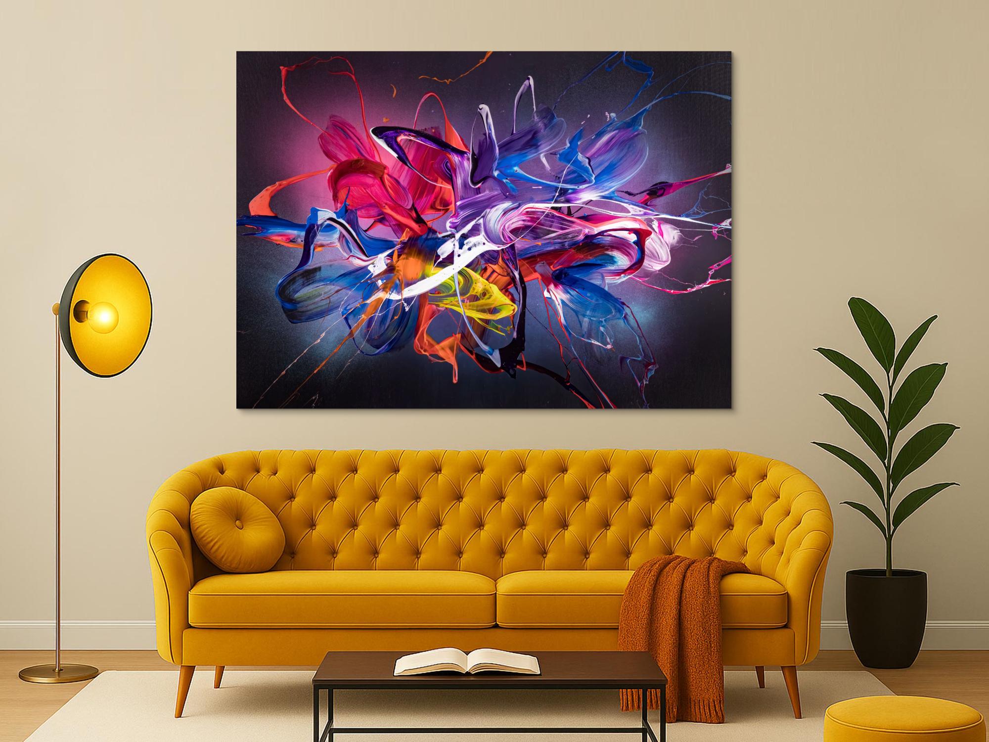 Abstraktes Original Gemälde 130x180cm Action Painting Modern Art handgemalt Mischtechnik schwarz NEON bunt blau