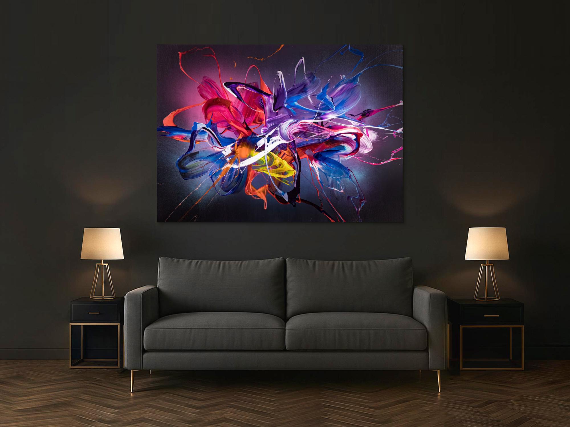 Abstraktes Original Gemälde 130x180cm Action Painting Modern Art handgemalt Mischtechnik schwarz NEON bunt blau