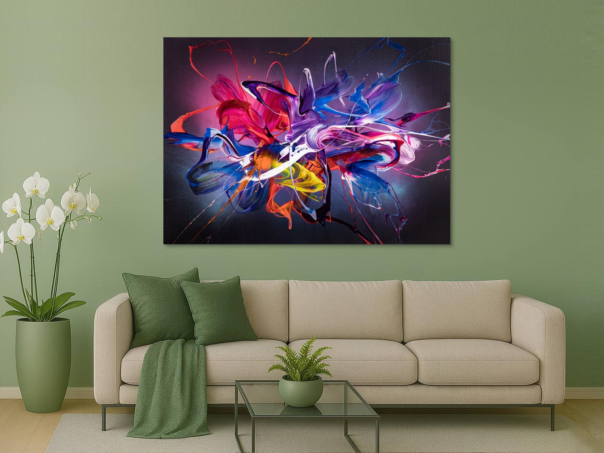 Abstraktes Original Gemälde 130x180cm Action Painting Modern Art handgemalt Mischtechnik schwarz NEON bunt blau