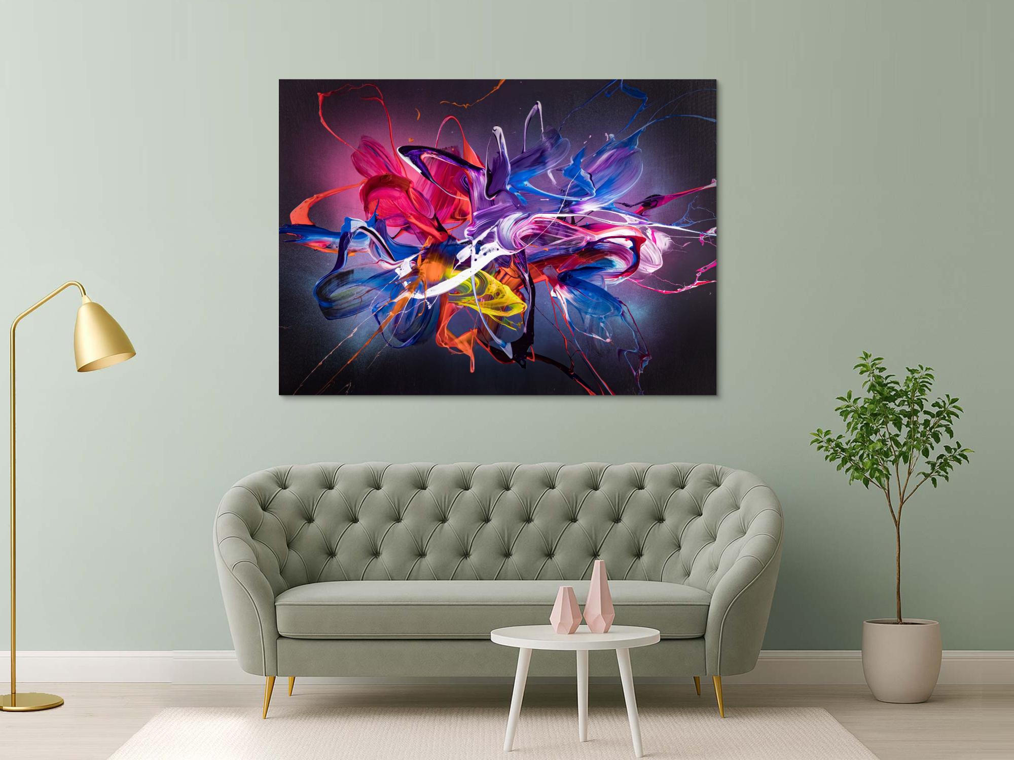 Abstraktes Original Gemälde 130x180cm Action Painting Modern Art handgemalt Mischtechnik schwarz NEON bunt blau