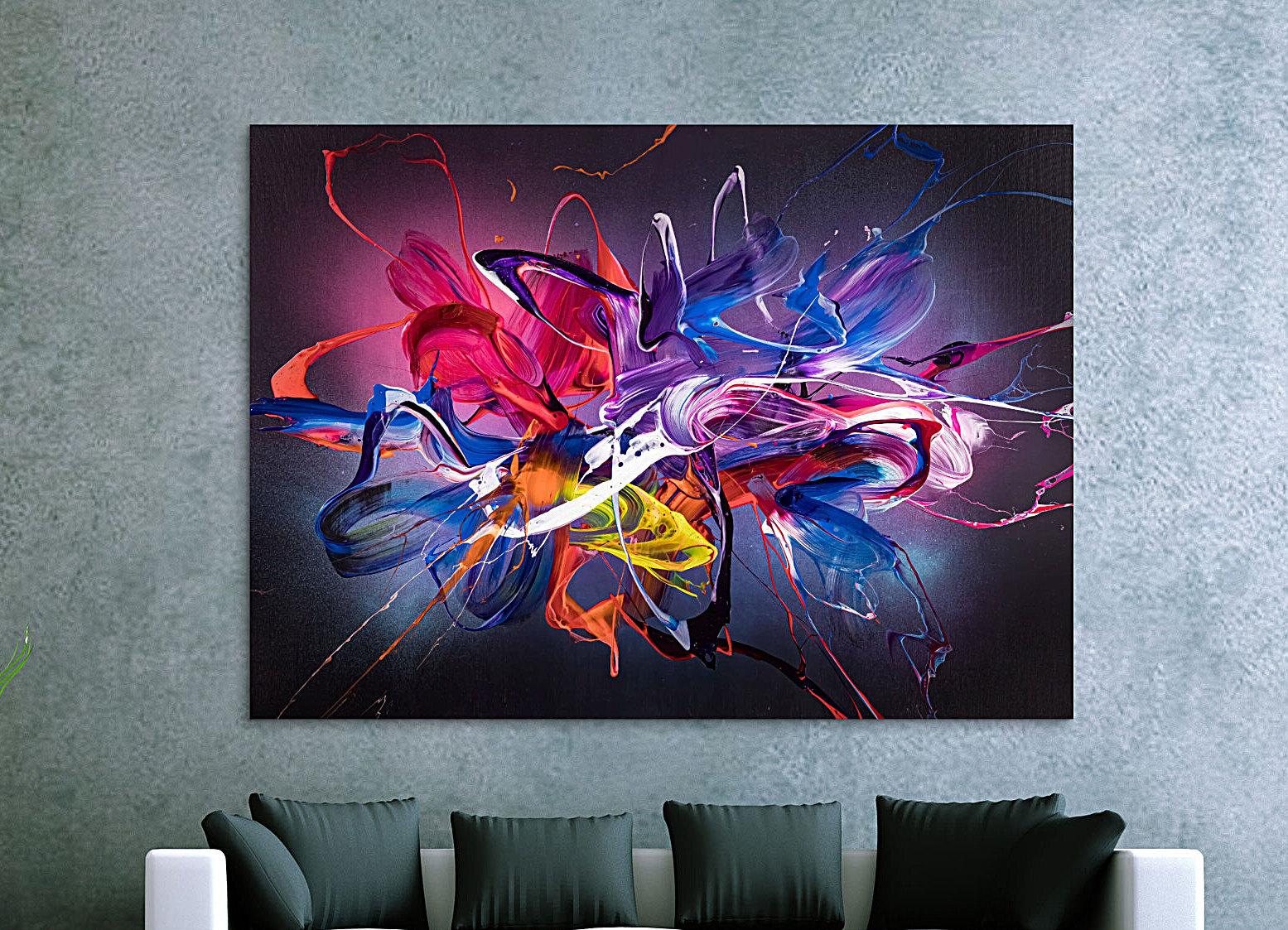 Abstraktes Original Gemälde 130x180cm Action Painting Modern Art handgemalt Mischtechnik schwarz NEON bunt blau