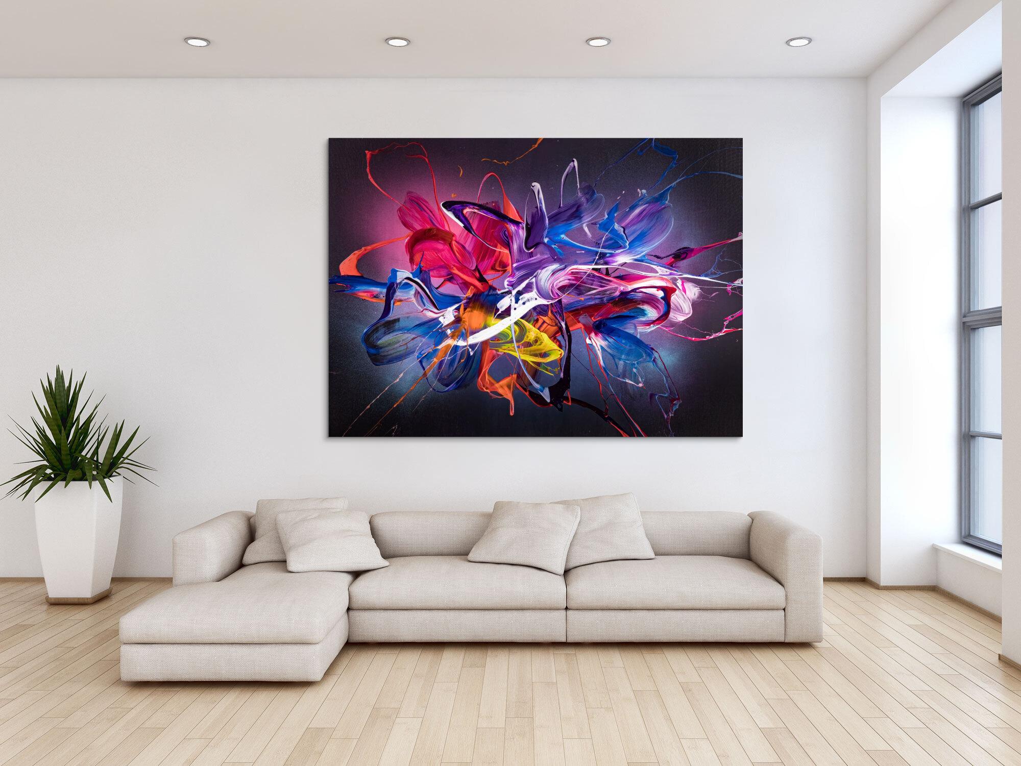 Abstraktes Original Gemälde 130x180cm Action Painting Modern Art handgemalt Mischtechnik schwarz NEON bunt blau