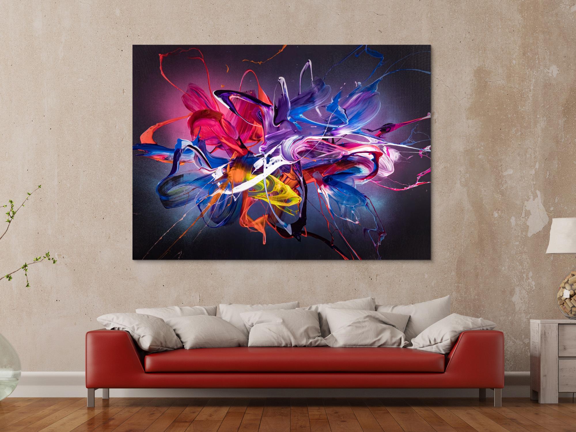 Abstraktes Original Gemälde 130x180cm Action Painting Modern Art handgemalt Mischtechnik schwarz NEON bunt blau