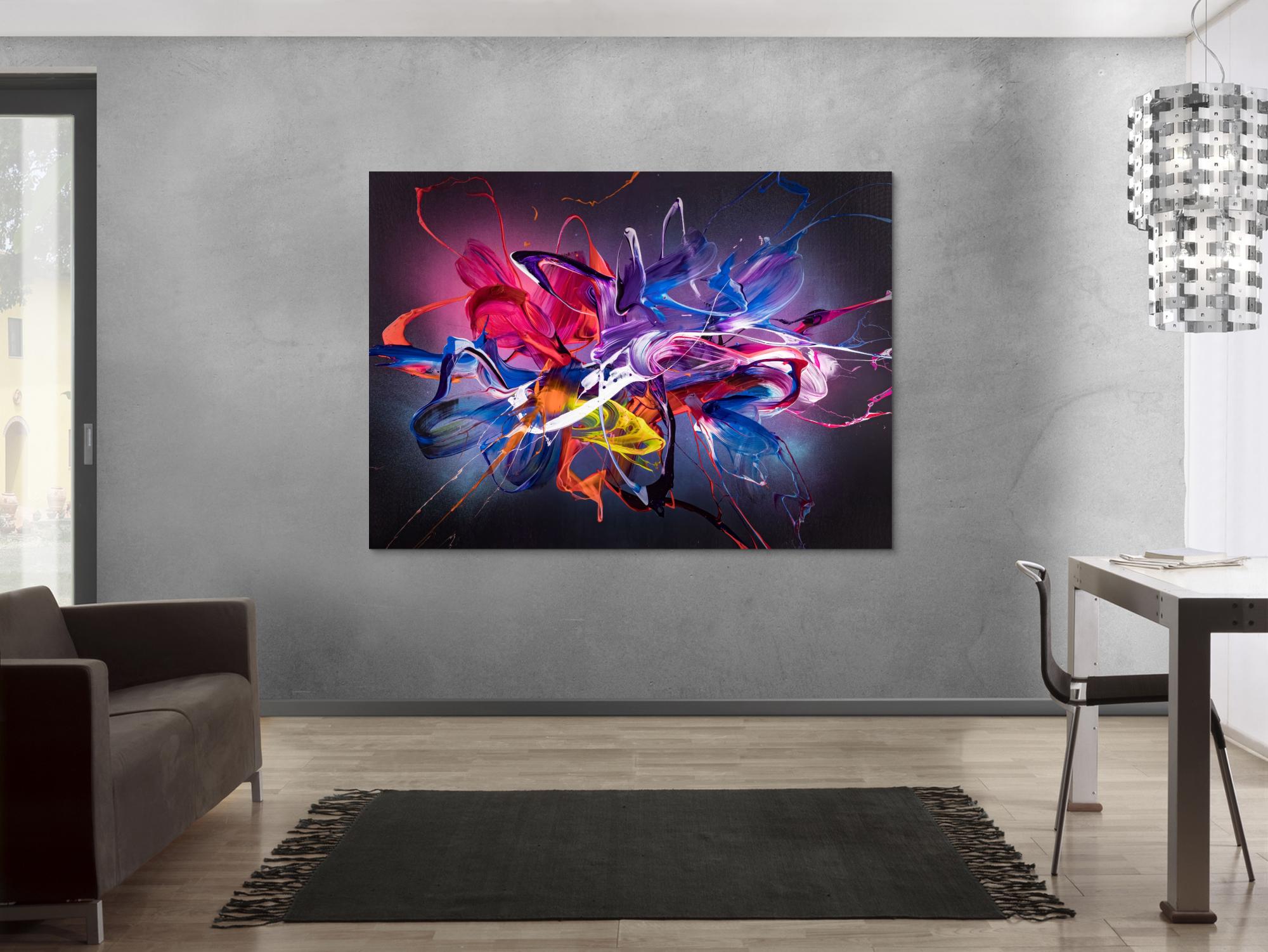 Abstraktes Original Gemälde 130x180cm Action Painting Modern Art handgemalt Mischtechnik schwarz NEON bunt blau