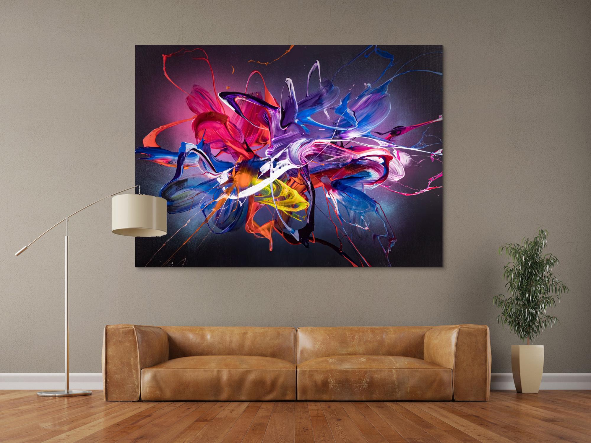 Abstraktes Original Gemälde 130x180cm Action Painting Modern Art handgemalt Mischtechnik schwarz NEON bunt blau