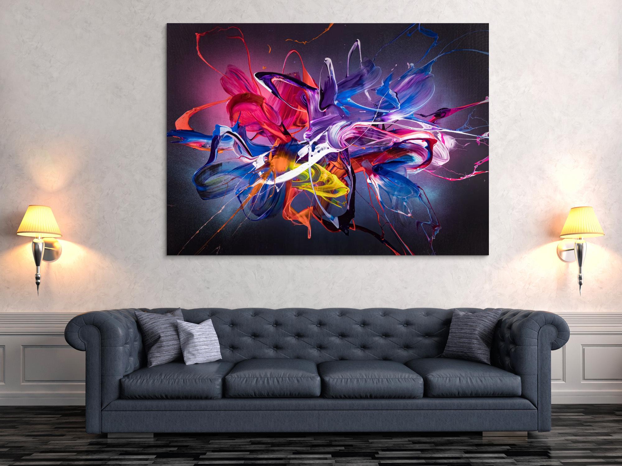 Abstraktes Original Gemälde 130x180cm Action Painting Modern Art handgemalt Mischtechnik schwarz NEON bunt blau