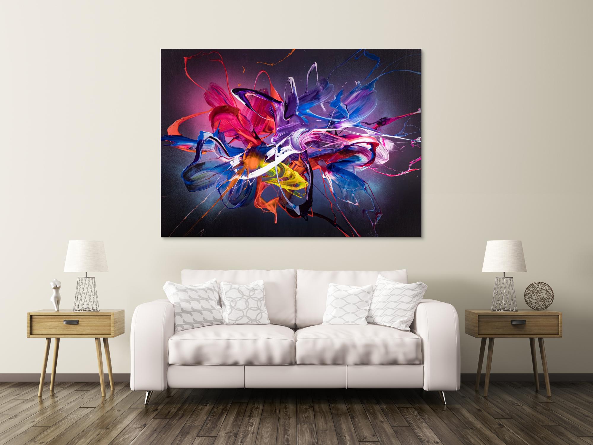 Abstraktes Original Gemälde 130x180cm Action Painting Modern Art handgemalt Mischtechnik schwarz NEON bunt blau