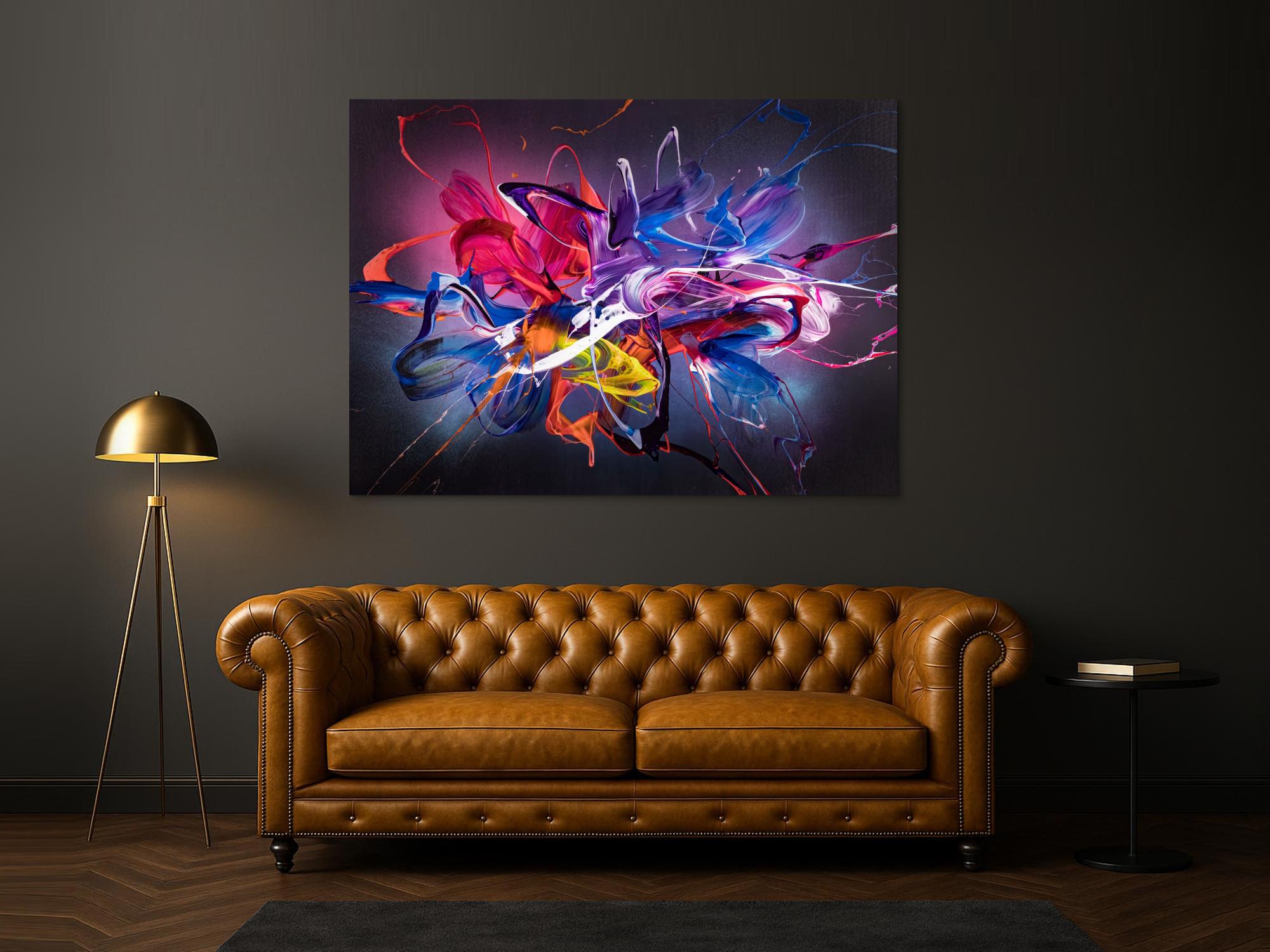 Abstraktes Original Gemälde 130x180cm Action Painting Modern Art handgemalt Mischtechnik schwarz NEON bunt blau