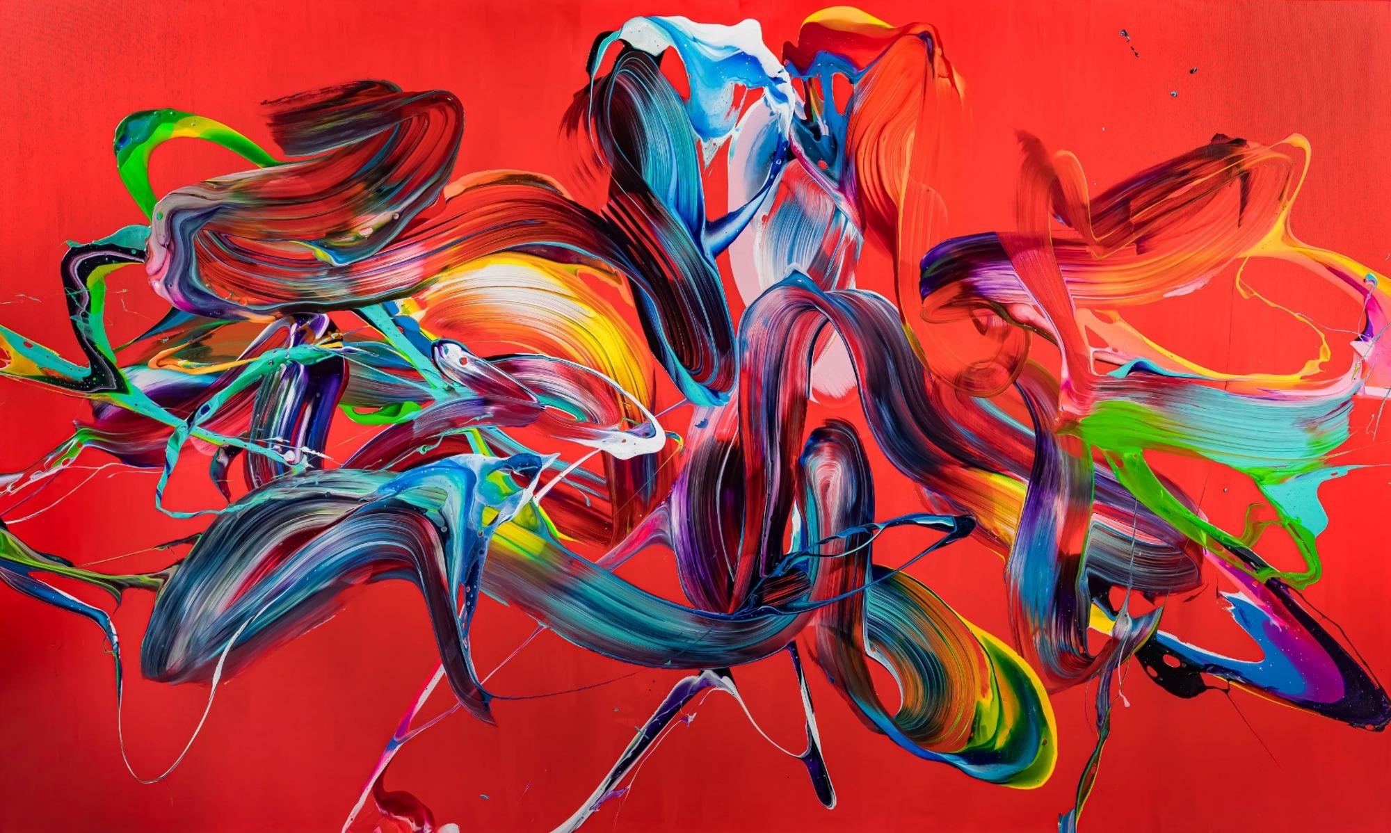 Original Gemälde abstrakt 120x200cm Action Painting zeitgenössisch handgefertigt Mischtechnik rot bunt hellblau einzigartig