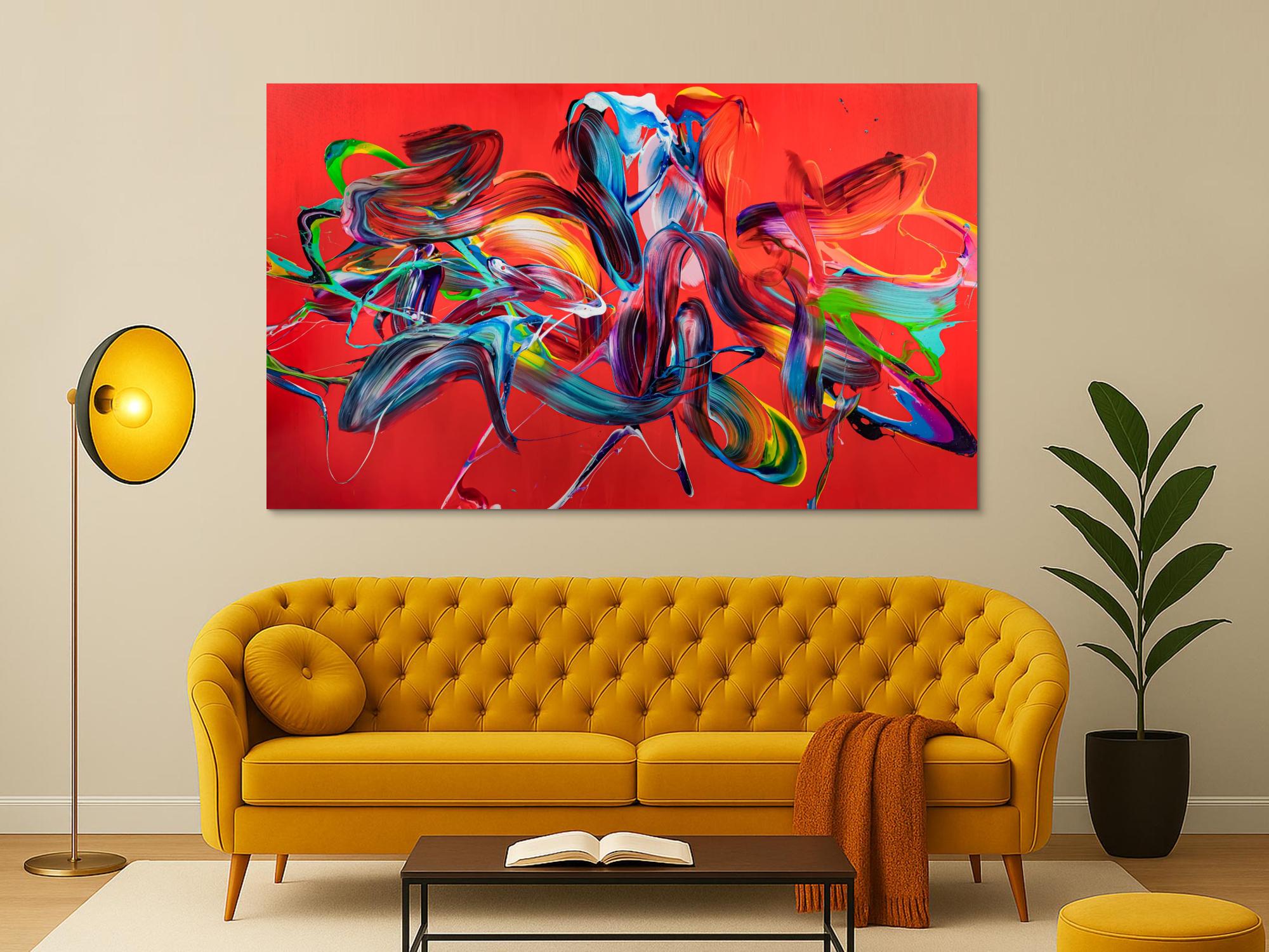 Original Gemälde abstrakt 120x200cm Action Painting zeitgenössisch handgefertigt Mischtechnik rot bunt hellblau einzigartig