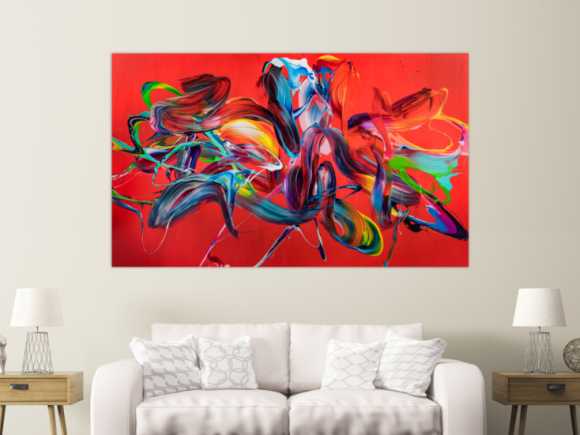 Original Gemälde abstrakt 120x200cm Action Painting zeitgenössisch handgefertigt Mischtechnik rot bunt hellblau einzigartig