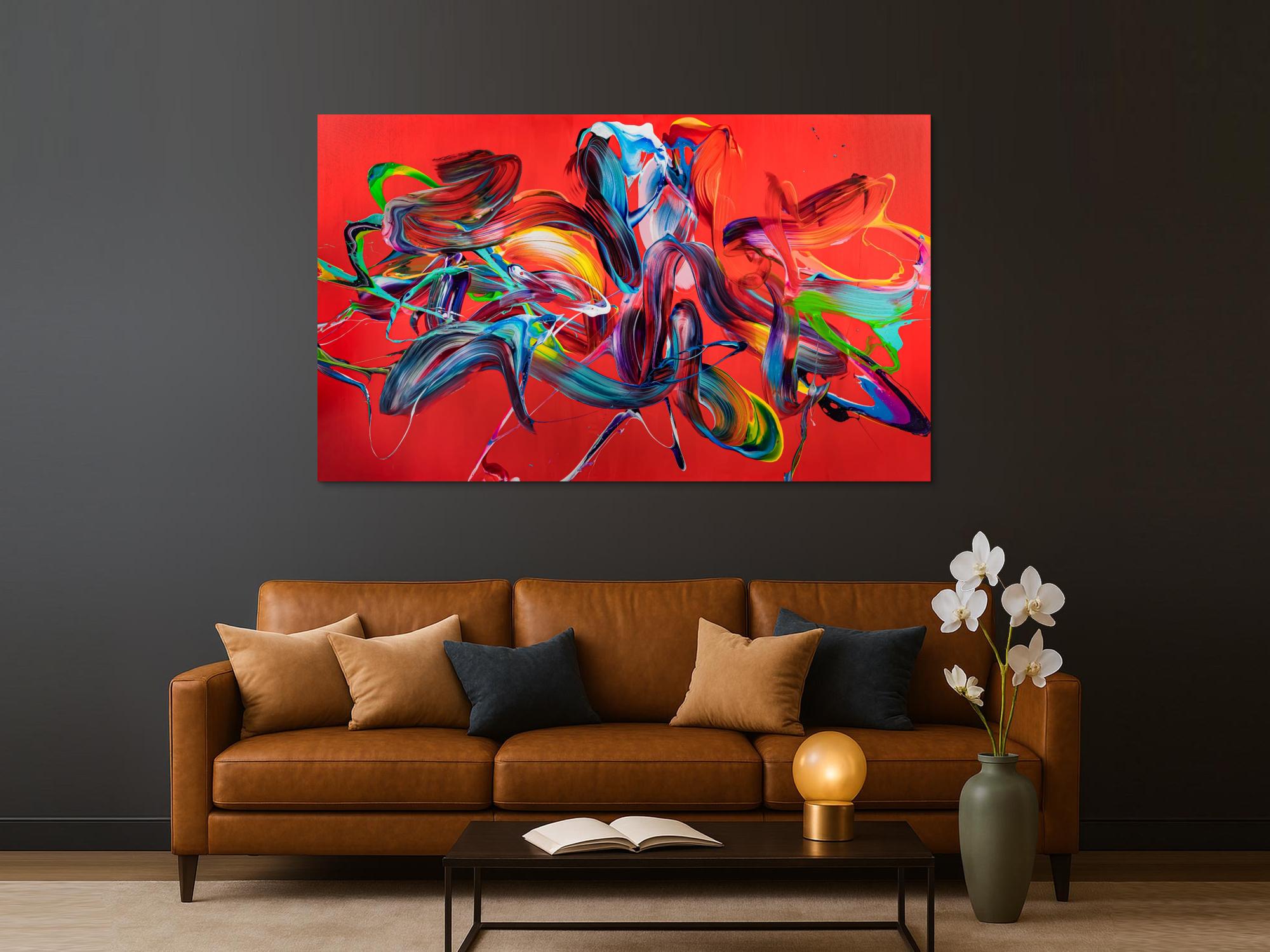 Original Gemälde abstrakt 120x200cm Action Painting zeitgenössisch handgefertigt Mischtechnik rot bunt hellblau einzigartig