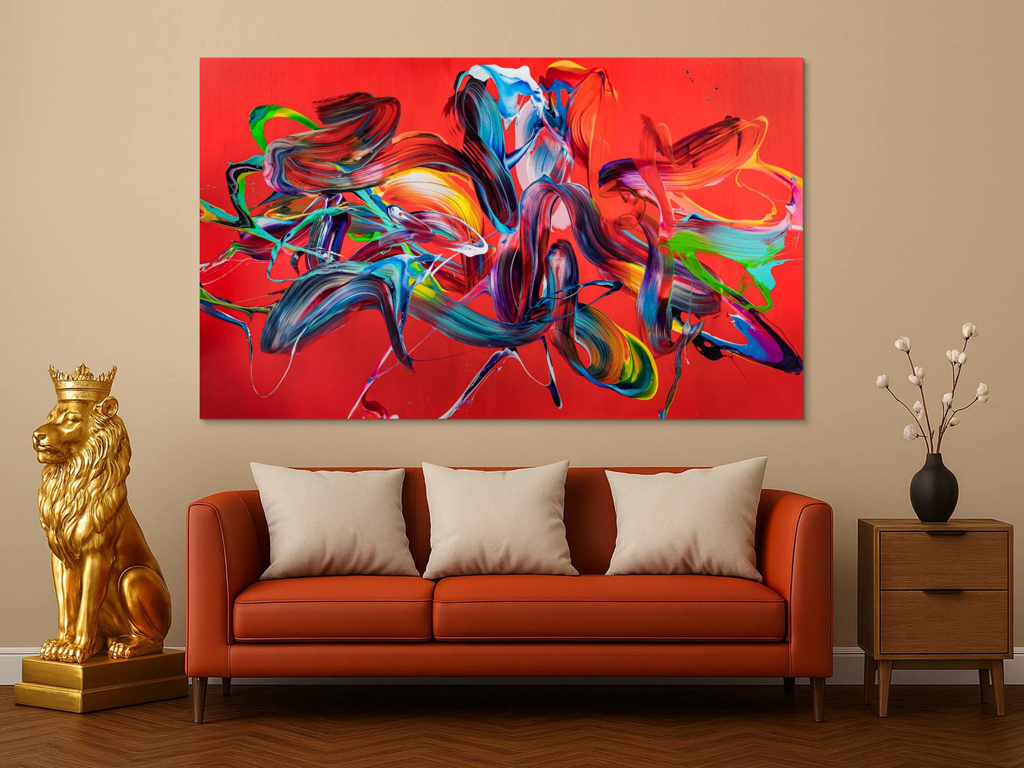 Original Gemälde abstrakt 120x200cm Action Painting zeitgenössisch handgefertigt Mischtechnik rot bunt hellblau einzigartig