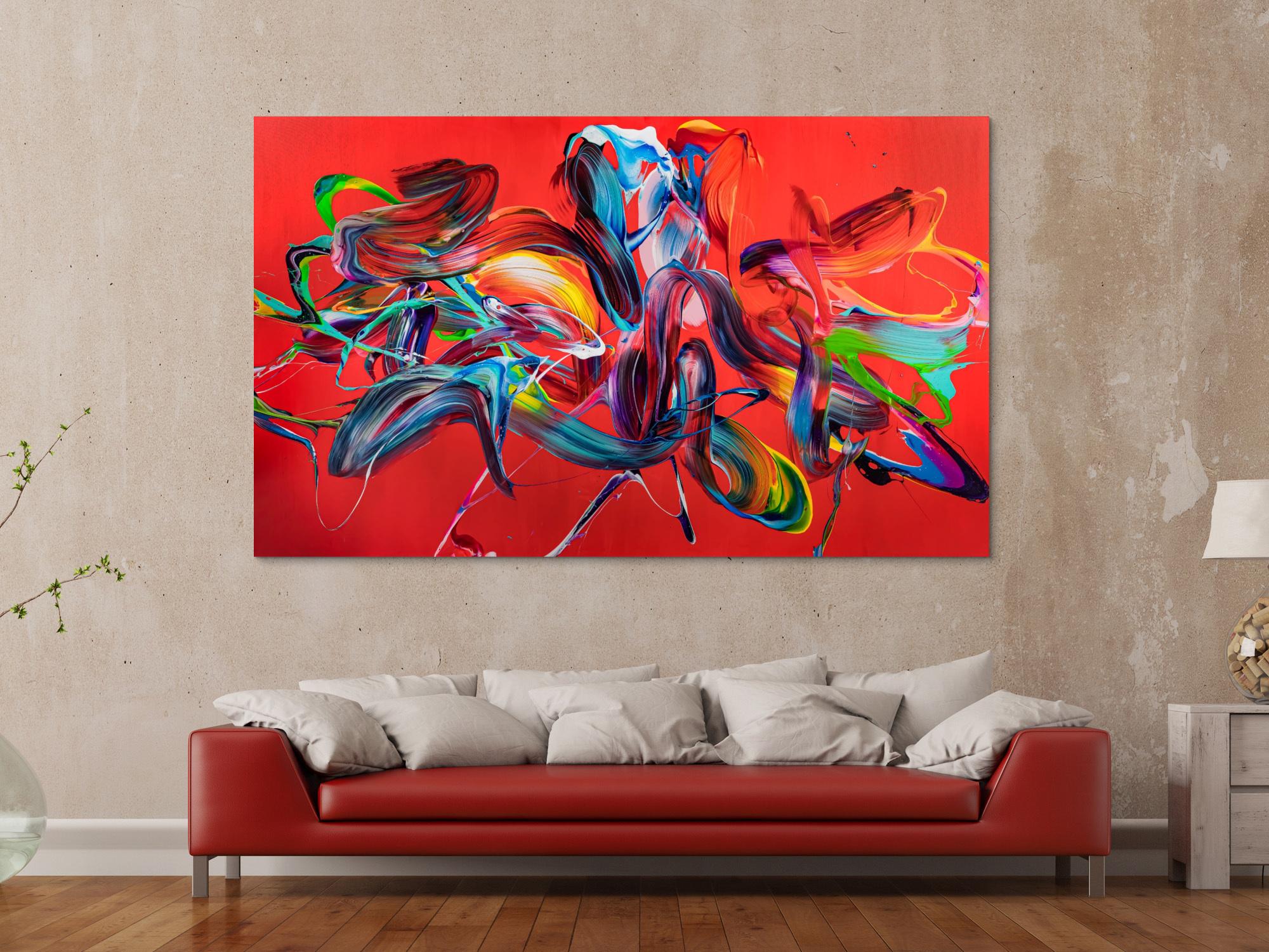 Original Gemälde abstrakt 120x200cm Action Painting zeitgenössisch handgefertigt Mischtechnik rot bunt hellblau einzigartig