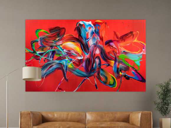 Original Gemälde abstrakt 120x200cm Action Painting zeitgenössisch handgefertigt Mischtechnik rot bunt hellblau einzigartig