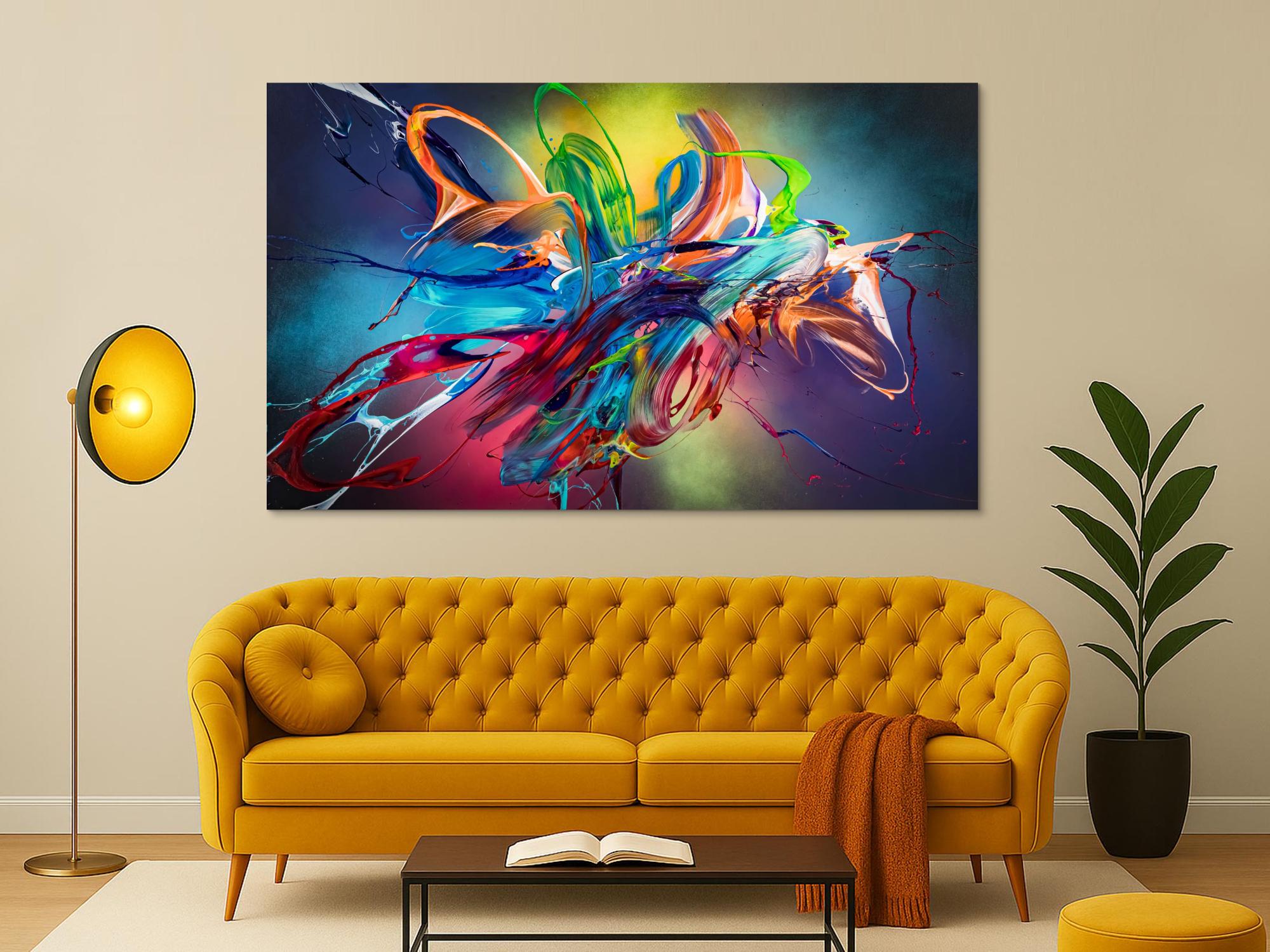 Original Gemälde abstrakt 120x200cm Action Painting Modern Art auf Leinwand Mischtechnik schwarz NEON bunt blau