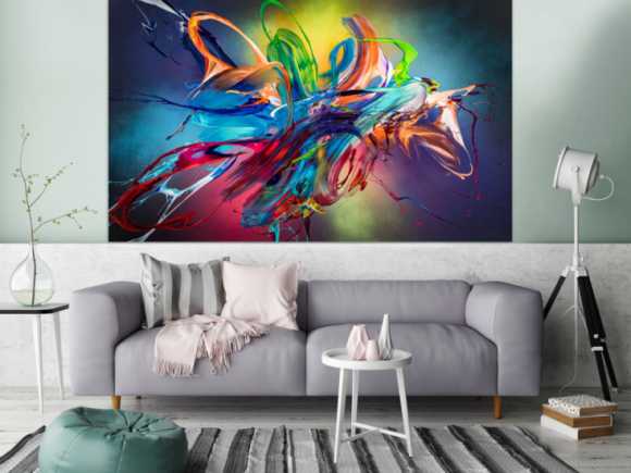 Original Gemälde abstrakt 120x200cm Action Painting Modern Art auf Leinwand Mischtechnik schwarz NEON bunt blau