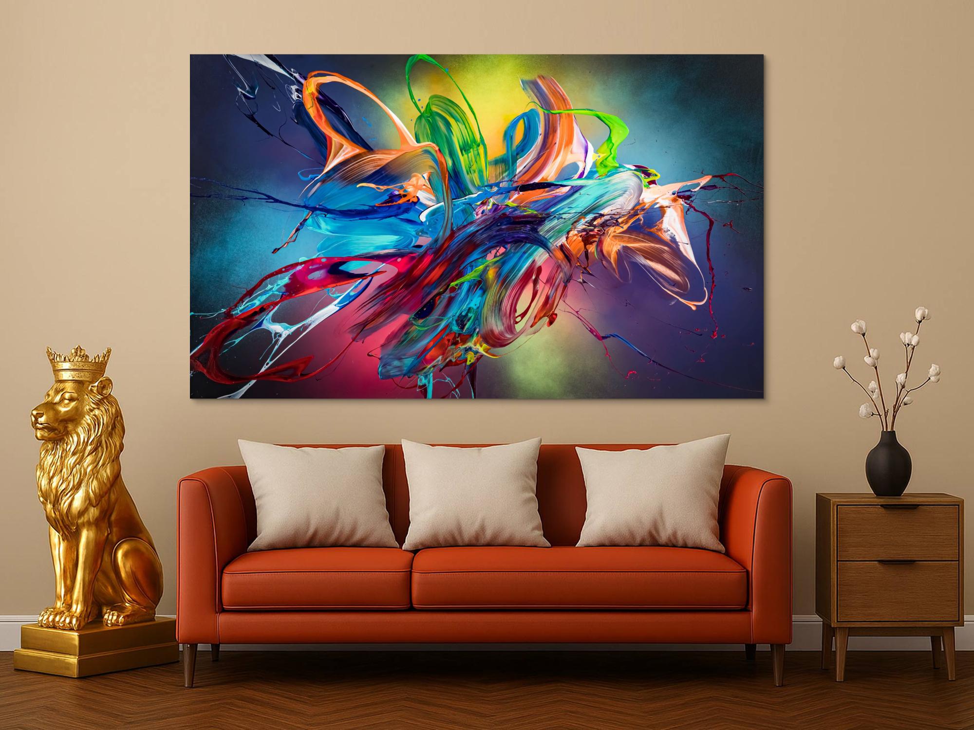 Original Gemälde abstrakt 120x200cm Action Painting Modern Art auf Leinwand Mischtechnik schwarz NEON bunt blau