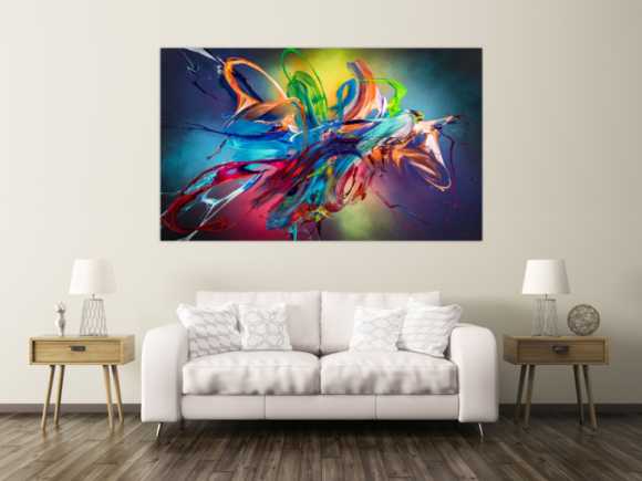 Original Gemälde abstrakt 120x200cm Action Painting Modern Art auf Leinwand Mischtechnik schwarz NEON bunt blau