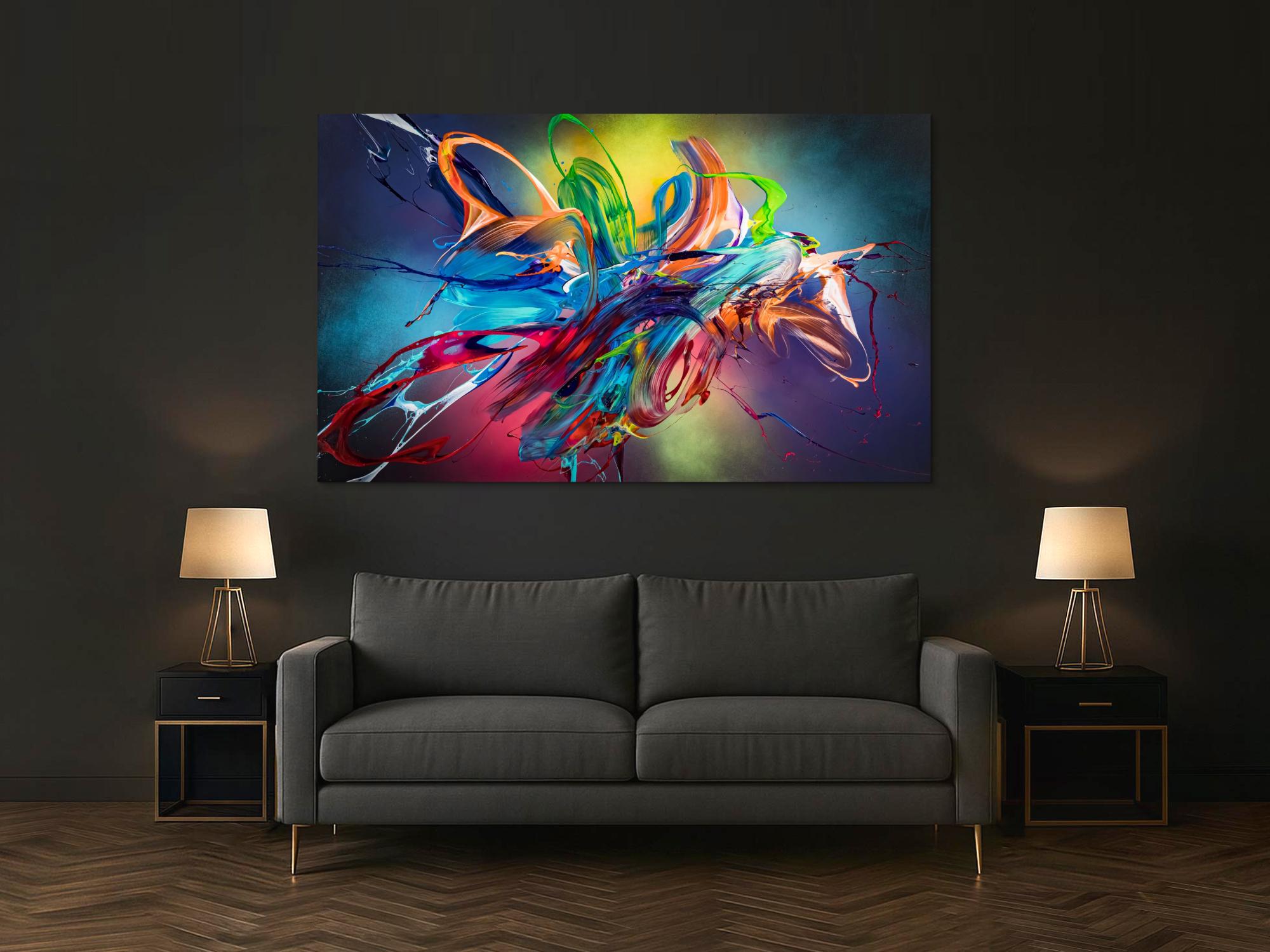 Original Gemälde abstrakt 120x200cm Action Painting Modern Art auf Leinwand Mischtechnik schwarz NEON bunt blau