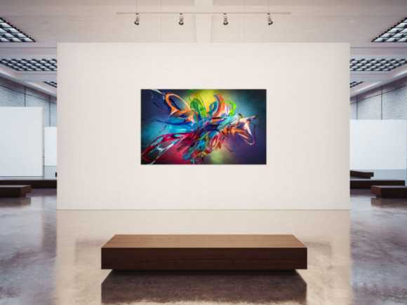 Original Gemälde abstrakt 120x200cm Action Painting Modern Art auf Leinwand Mischtechnik schwarz NEON bunt blau