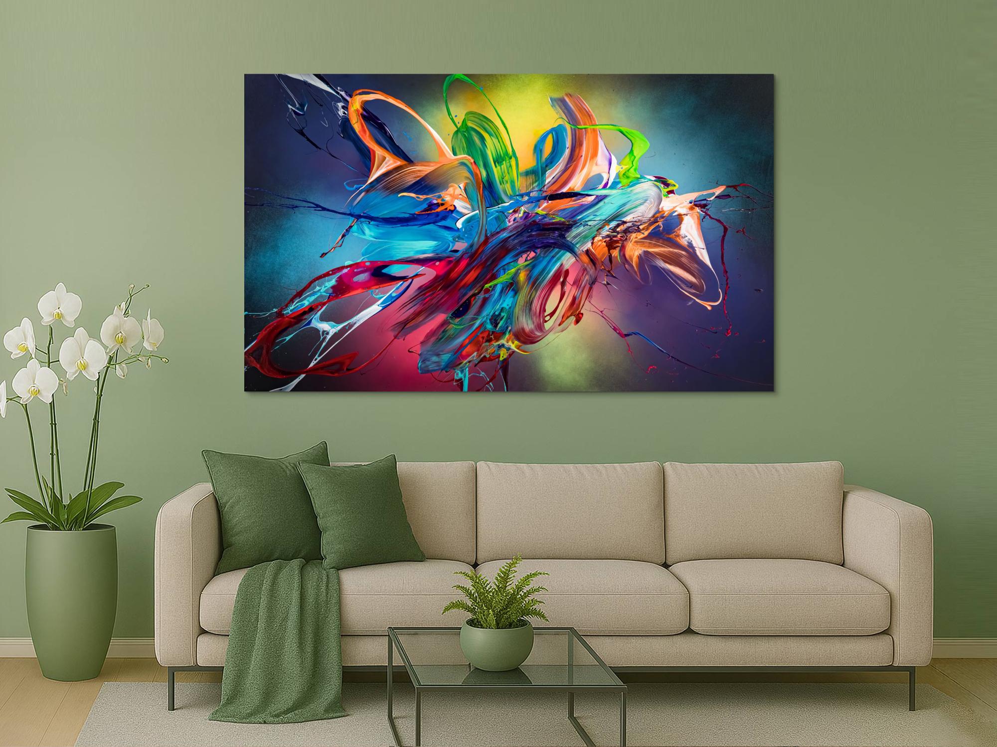 Original Gemälde abstrakt 120x200cm Action Painting Modern Art auf Leinwand Mischtechnik schwarz NEON bunt blau