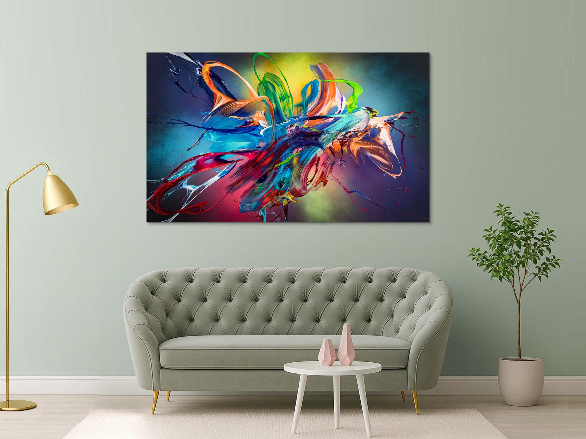 Original Gemälde abstrakt 120x200cm Action Painting Modern Art auf Leinwand Mischtechnik schwarz NEON bunt blau