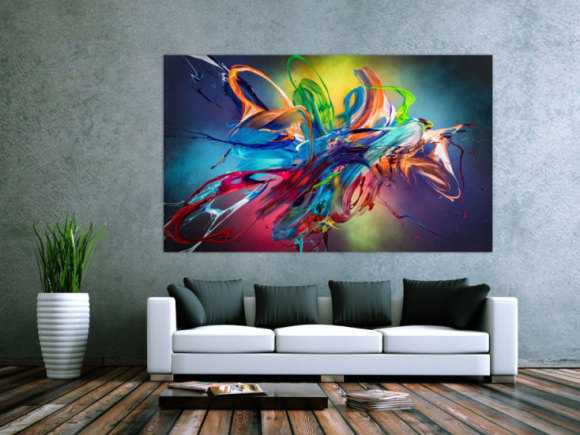 Original Gemälde abstrakt 120x200cm Action Painting Modern Art auf Leinwand Mischtechnik schwarz NEON bunt blau