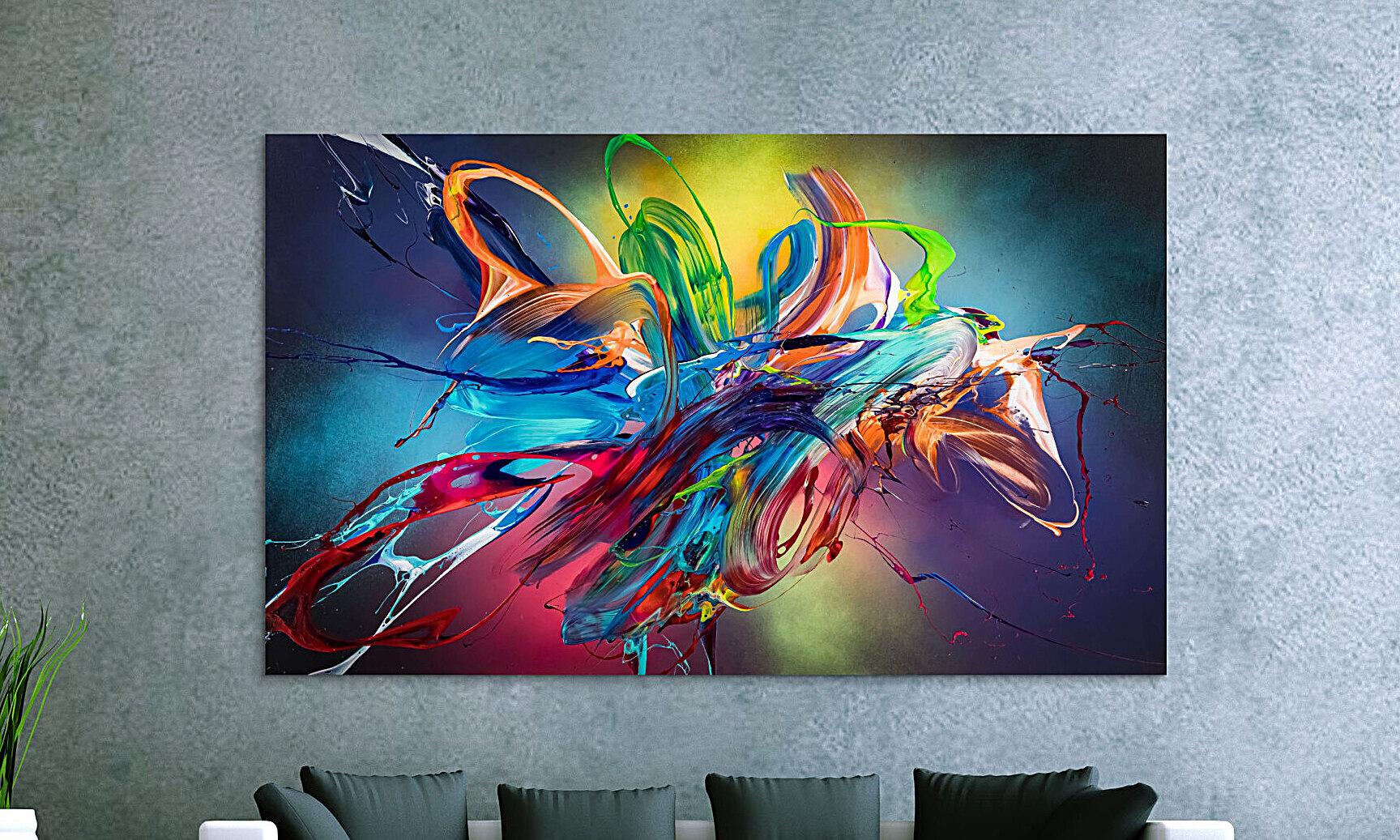 Original Gemälde abstrakt 120x200cm Action Painting Modern Art auf Leinwand Mischtechnik schwarz NEON bunt blau