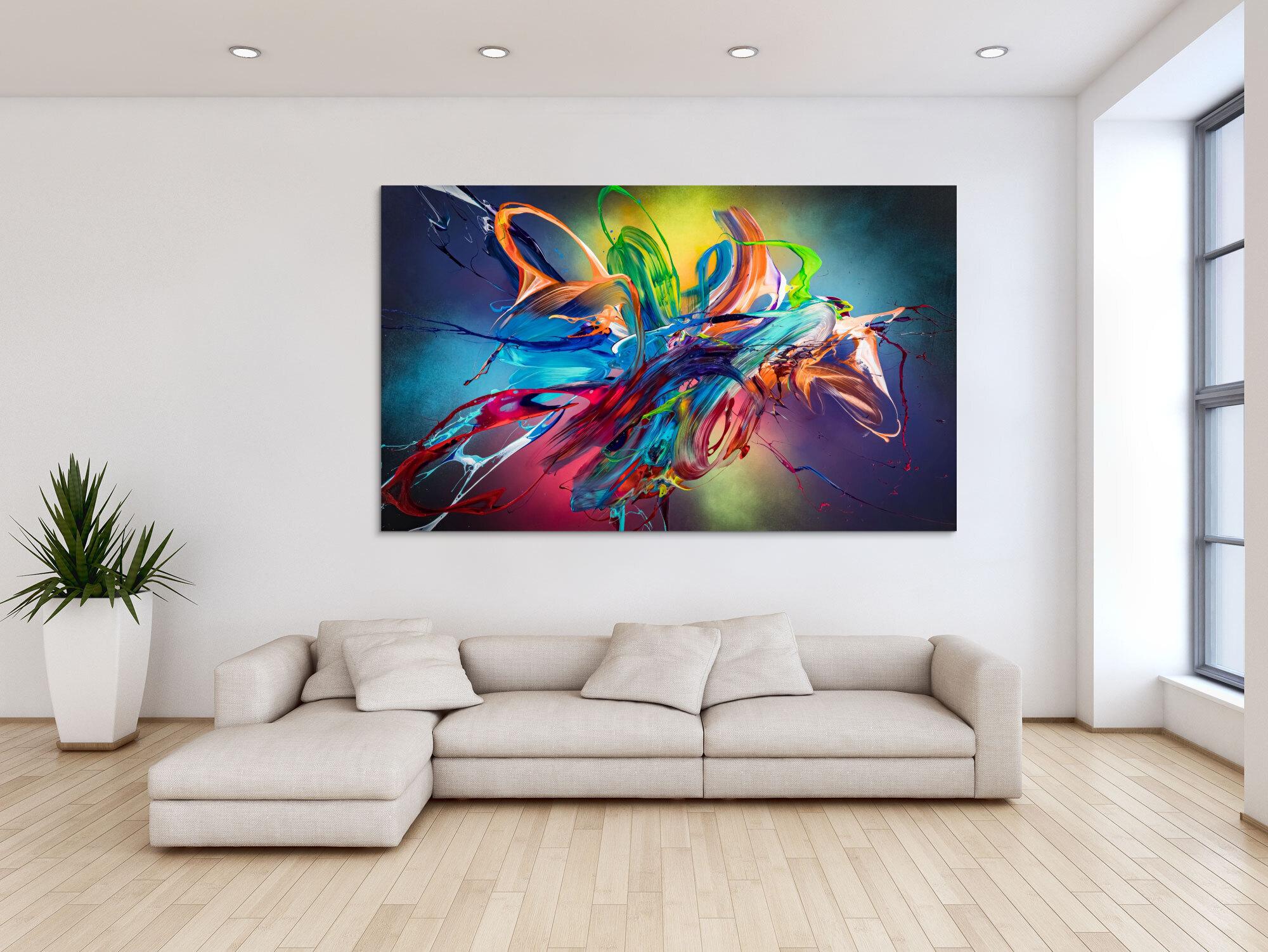 Original Gemälde abstrakt 120x200cm Action Painting Modern Art auf Leinwand Mischtechnik schwarz NEON bunt blau