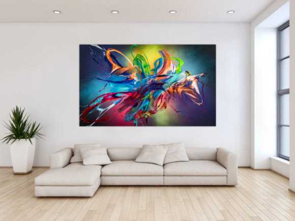 Original Gemälde abstrakt 120x200cm Action Painting Modern Art auf Leinwand Mischtechnik schwarz NEON bunt blau