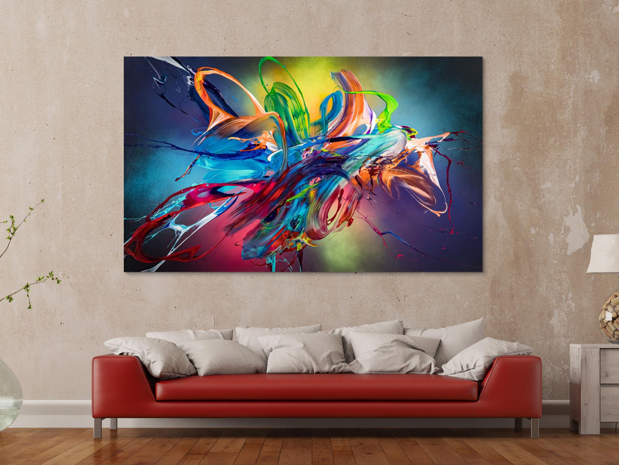 Original Gemälde abstrakt 120x200cm Action Painting Modern Art auf Leinwand Mischtechnik schwarz NEON bunt blau
