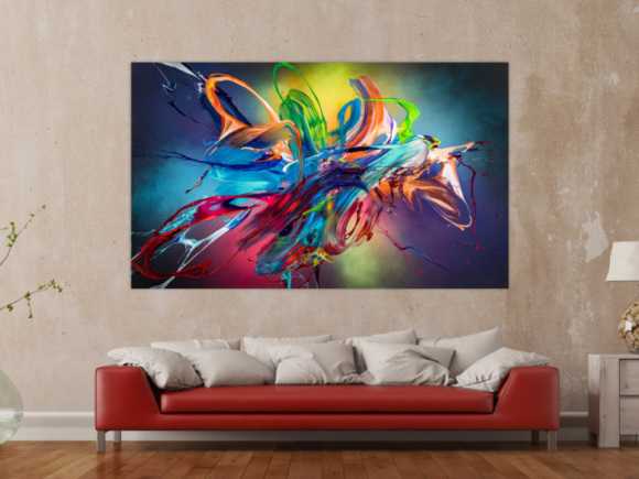 Original Gemälde abstrakt 120x200cm Action Painting Modern Art auf Leinwand Mischtechnik schwarz NEON bunt blau