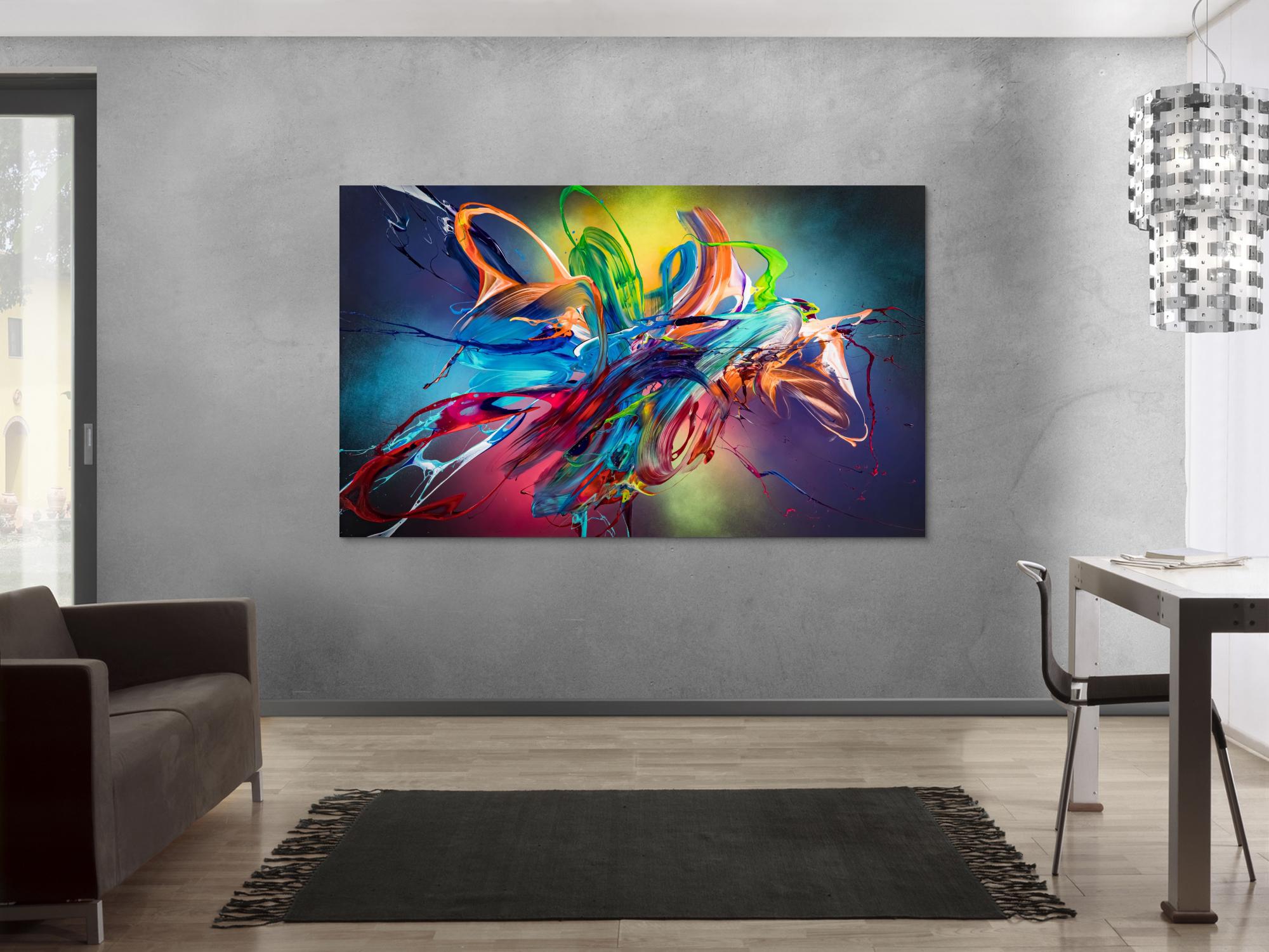 Original Gemälde abstrakt 120x200cm Action Painting Modern Art auf Leinwand Mischtechnik schwarz NEON bunt blau