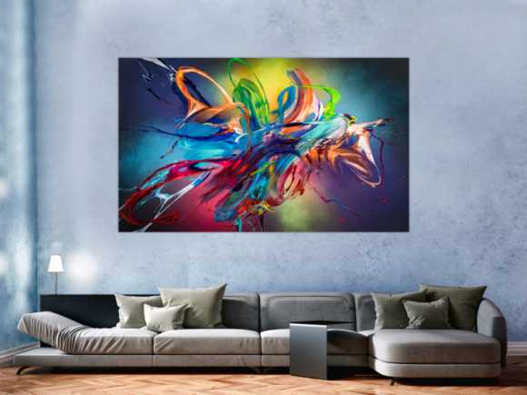 Original Gemälde abstrakt 120x200cm Action Painting Modern Art auf Leinwand Mischtechnik schwarz NEON bunt blau