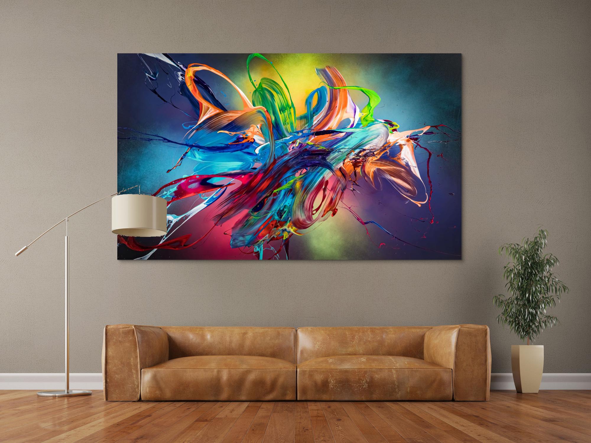 Original Gemälde abstrakt 120x200cm Action Painting Modern Art auf Leinwand Mischtechnik schwarz NEON bunt blau