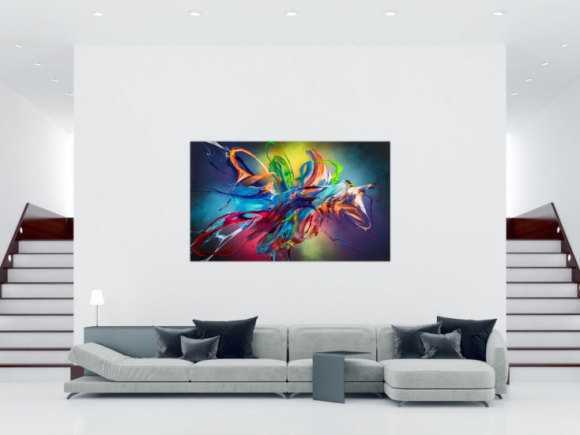 Original Gemälde abstrakt 120x200cm Action Painting Modern Art auf Leinwand Mischtechnik schwarz NEON bunt blau