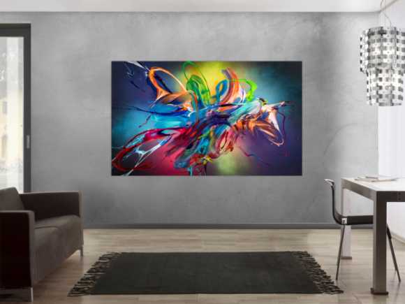 Original Gemälde abstrakt 120x200cm Action Painting Modern Art auf Leinwand Mischtechnik schwarz NEON bunt blau