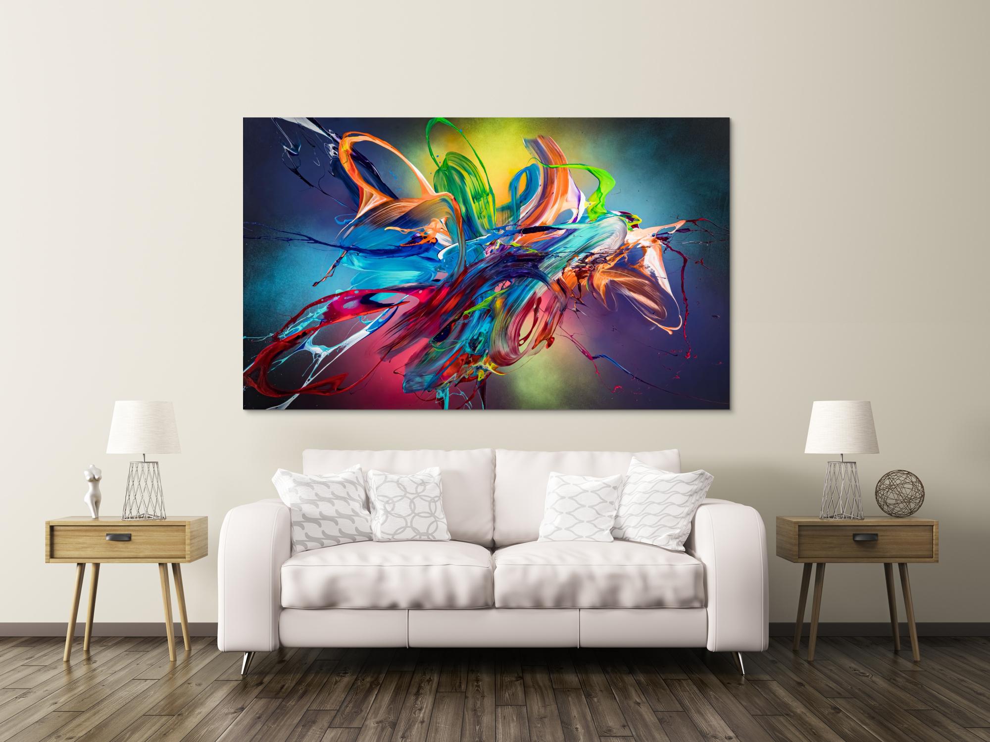 Original Gemälde abstrakt 120x200cm Action Painting Modern Art auf Leinwand Mischtechnik schwarz NEON bunt blau