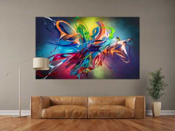 Original Gemälde abstrakt 120x200cm Action Painting Modern Art auf Leinwand Mischtechnik schwarz NEON bunt blau