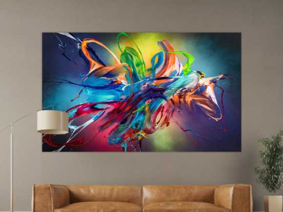 Original Gemälde abstrakt 120x200cm Action Painting Modern Art auf Leinwand Mischtechnik schwarz NEON bunt blau