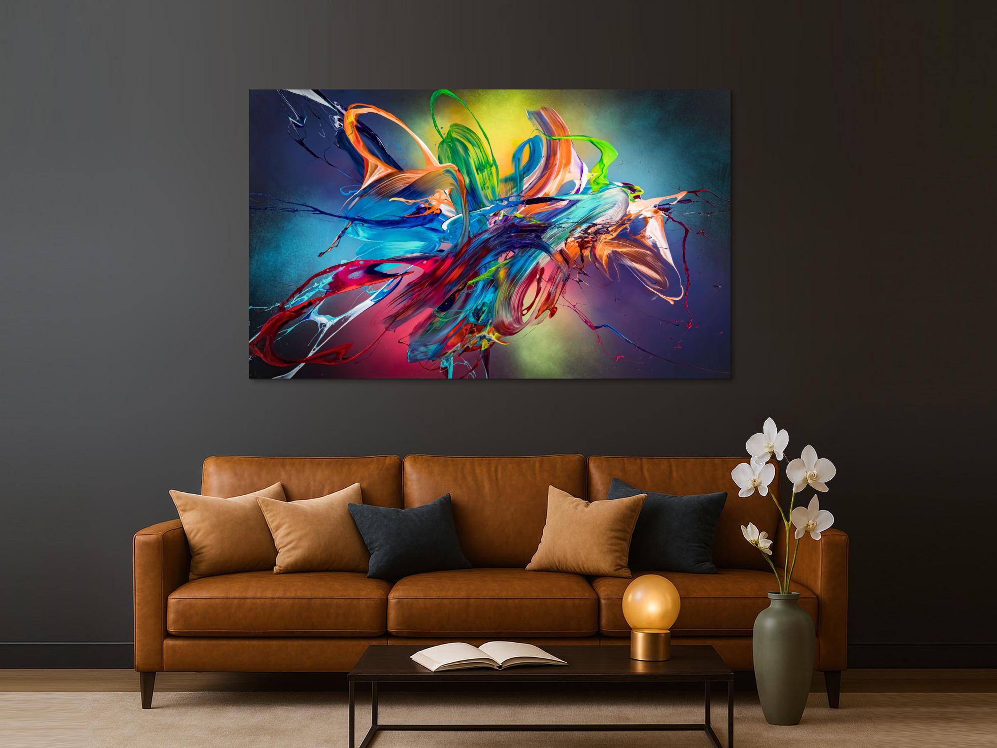 Original Gemälde abstrakt 120x200cm Action Painting Modern Art auf Leinwand Mischtechnik schwarz NEON bunt blau