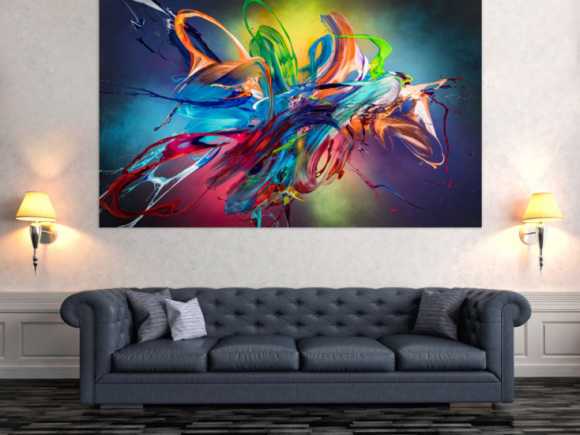 Original Gemälde abstrakt 120x200cm Action Painting Modern Art auf Leinwand Mischtechnik schwarz NEON bunt blau