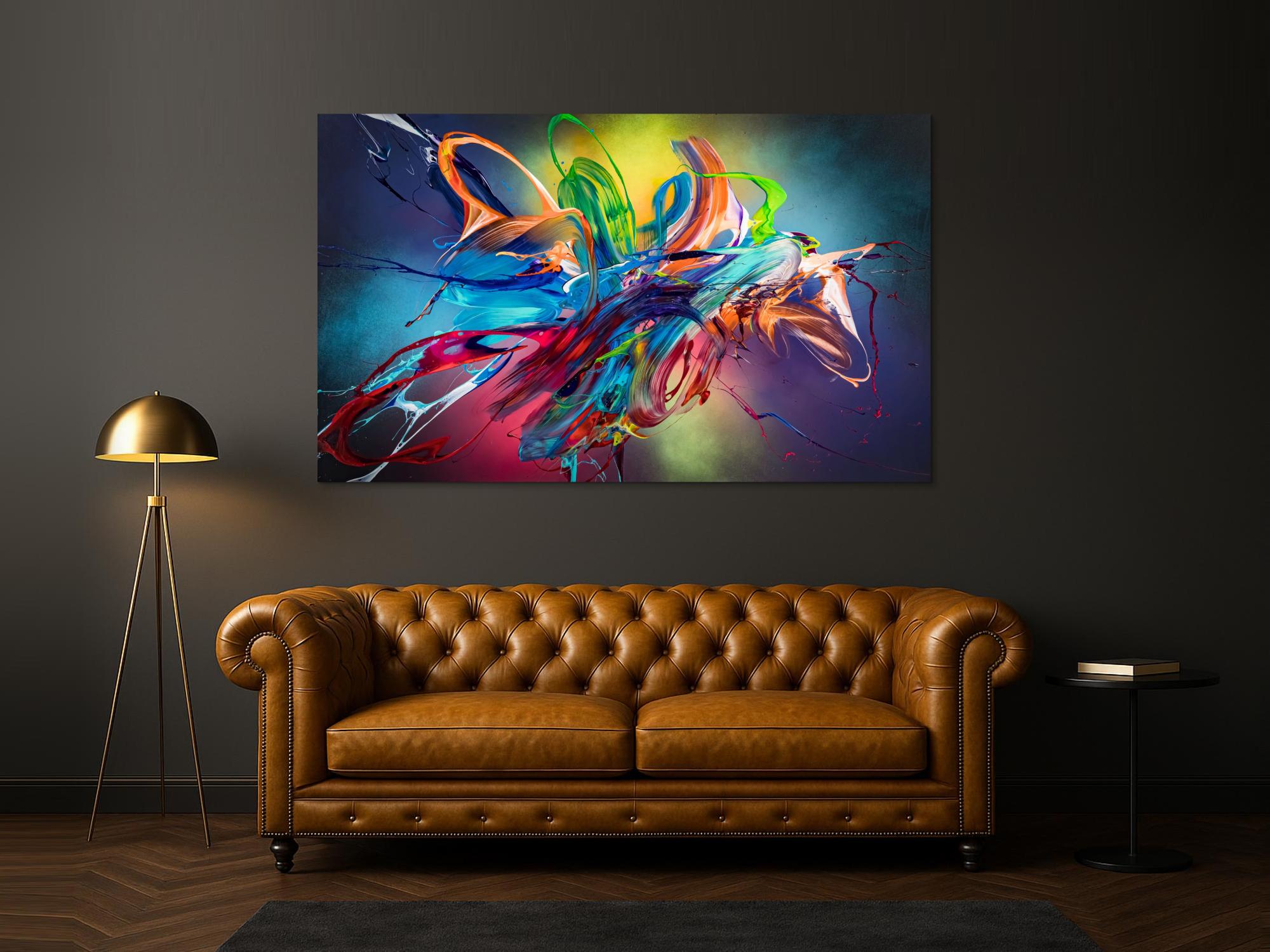 Original Gemälde abstrakt 120x200cm Action Painting Modern Art auf Leinwand Mischtechnik schwarz NEON bunt blau